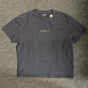 YoungLA 413 Oversized Bloc Shirt in navy with beige logo